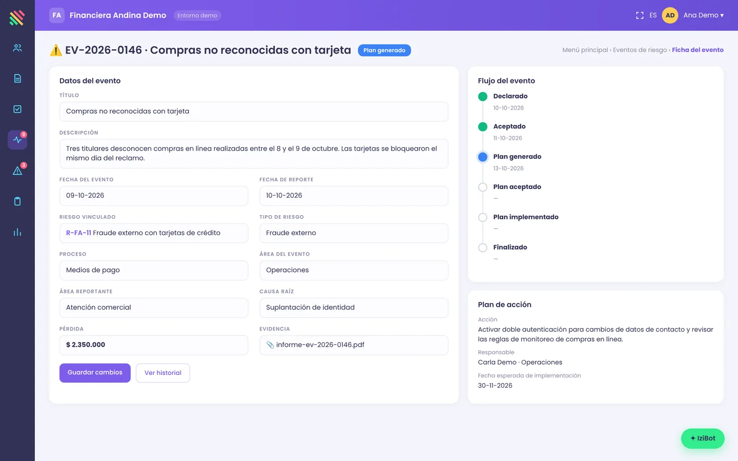 Ficha de un evento de fraude externo con tarjetas en iziRisk Op: título, descripción, fecha del evento, fecha de reporte, riesgo vinculado, proceso, área, causa raíz, monto de pérdida, evidencia adjunta, flujo de estados y plan de acción.